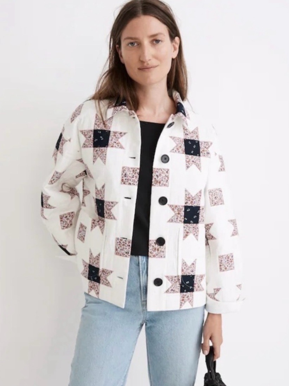 Madewell White Quilted Star-Print Jacket with Navy & Blush Accents
